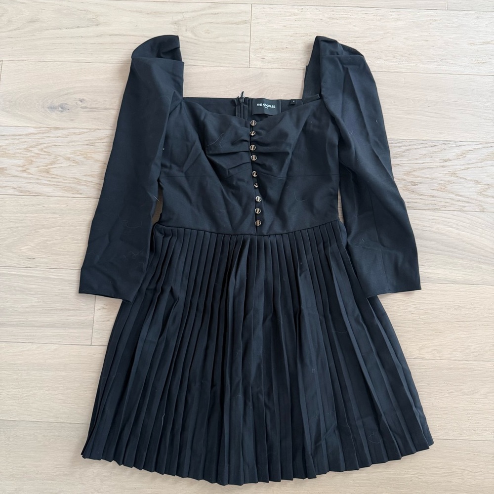The Kooples Black Square-Neck Pleated Mini Dress with Button Front - Picture 2 of 3